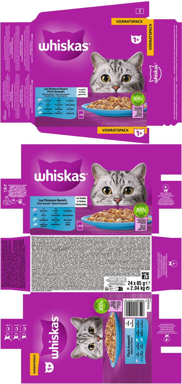 whiskas Portionsbeutel Katzen-Nassfutter Multipack Vorratspack 1+ Fisch Auswahl in Gelee 24 x 85g